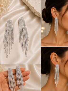Silver Rhinestone Crystal Tassel Drop Earrings | Sparkly Statement Earrings